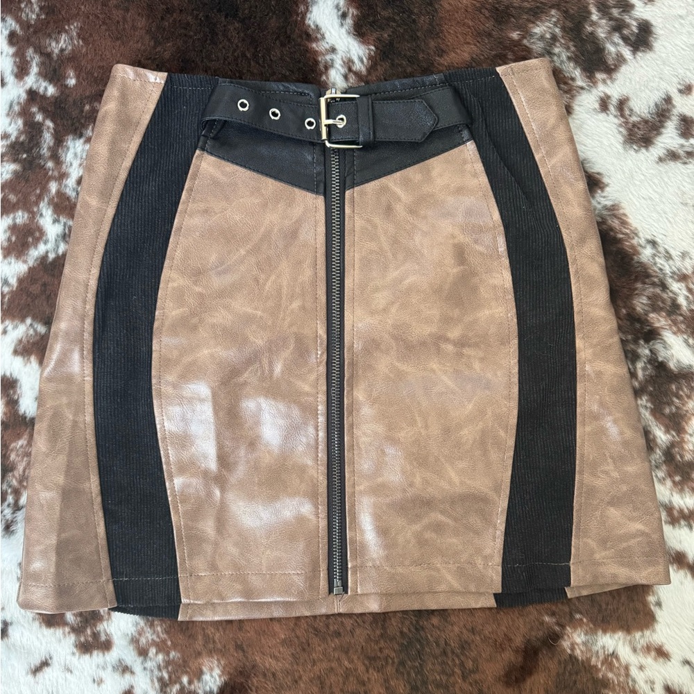XS Pink Lily Be My Best Brown and Black Belted Color Block Skirt